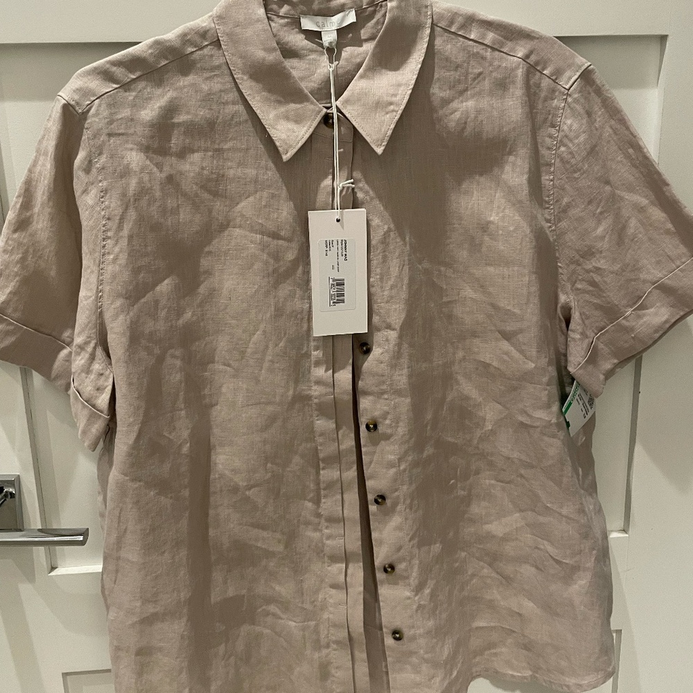 CALME BY JOHNNY WAS TAN LINEN BOTTON DOWN SHIRT